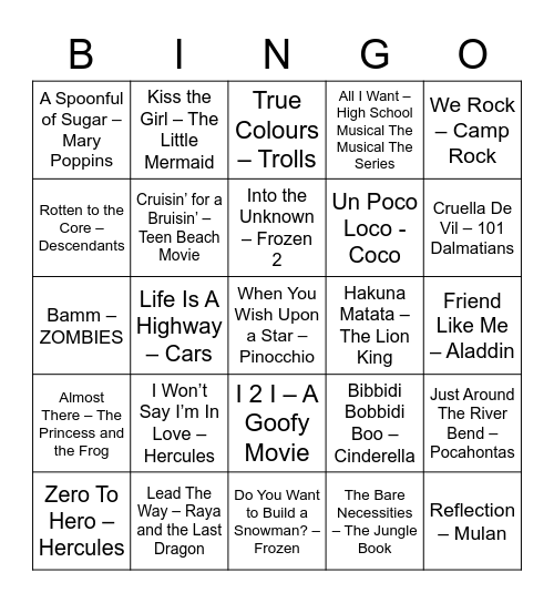 Disney Music Bingo Card