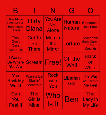 Michael Jackson Music Bingo Card