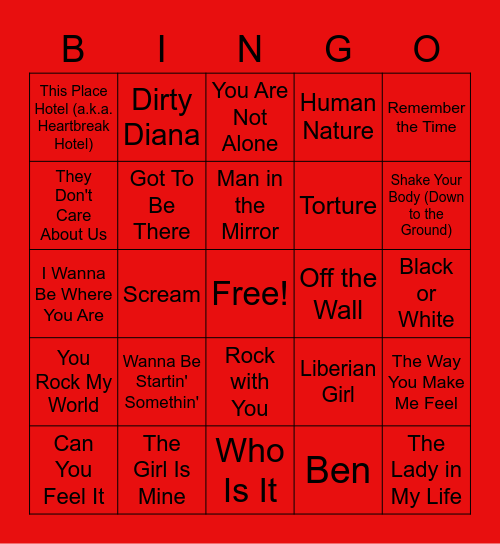 Michael Jackson Music Bingo Card