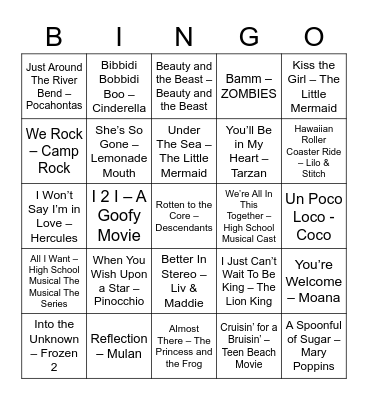 Disney Music Bingo Card