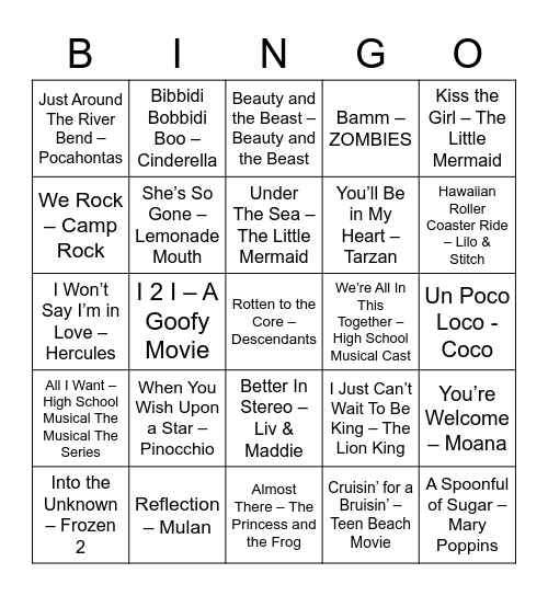 Disney Music Bingo Card