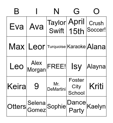 ISABELLA BINGO Card