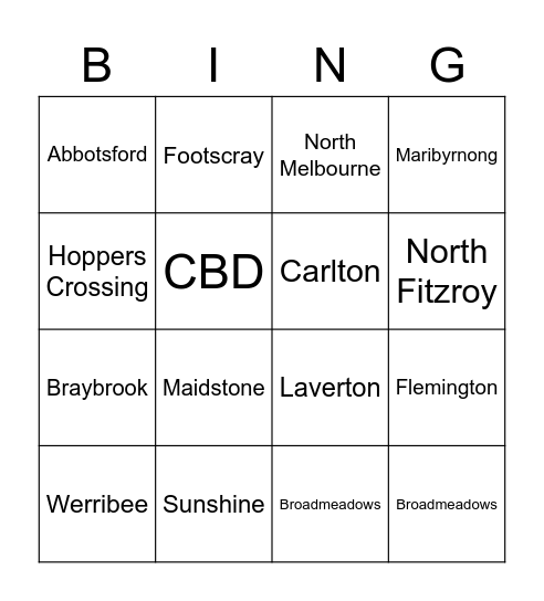 Melbourne's Suburbs Bingo Card