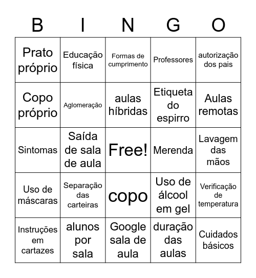 Aulas presenciais Bingo Card