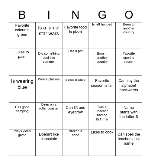 Br.Omar's Get to Know You Bingo Card
