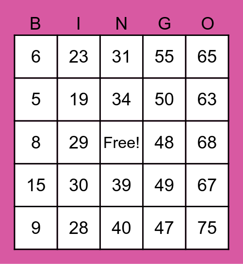 Pink BINGO Card