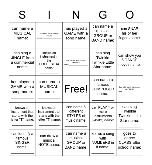 MUSIC SINGO Bingo Card