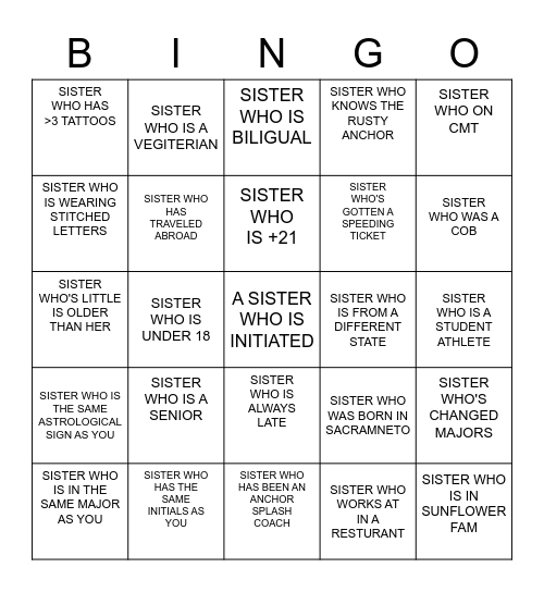 GET TO KNOW A SISTER BINGO Card