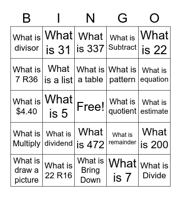 Division Bingo Card