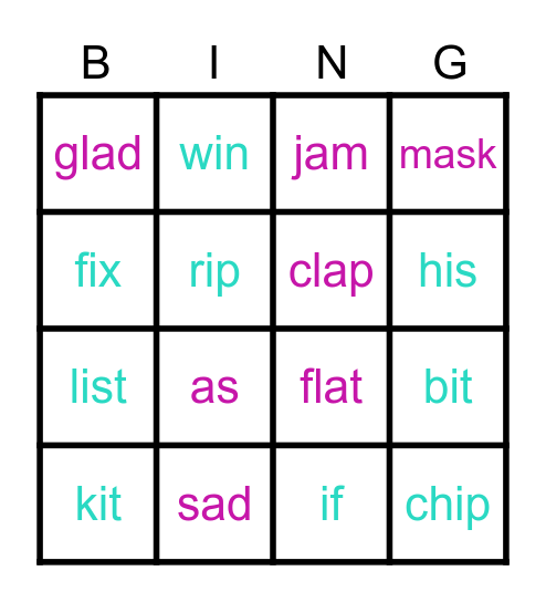Short a, i Bingo Card
