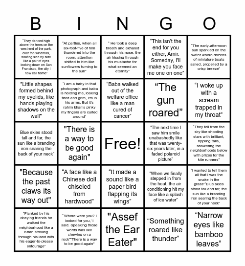 The Kite Runner Bingo Card