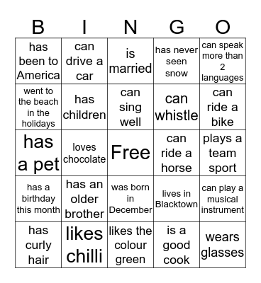 Getting to know you Bingo Card