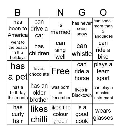 Getting to know you Bingo Card