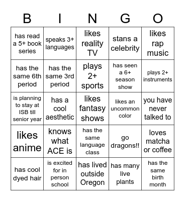 Freshman BINGO !! Bingo Card