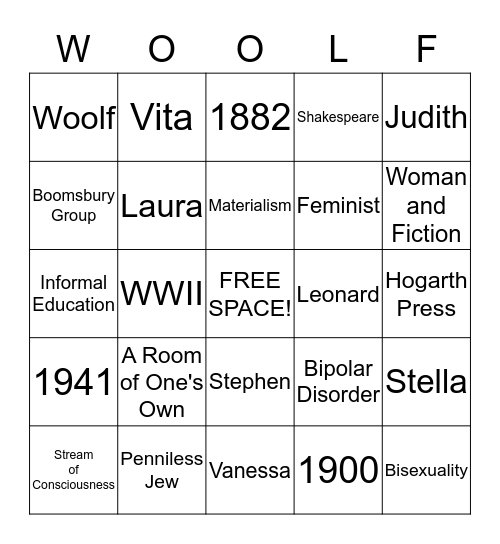 Virginia Woolf Bingo Card