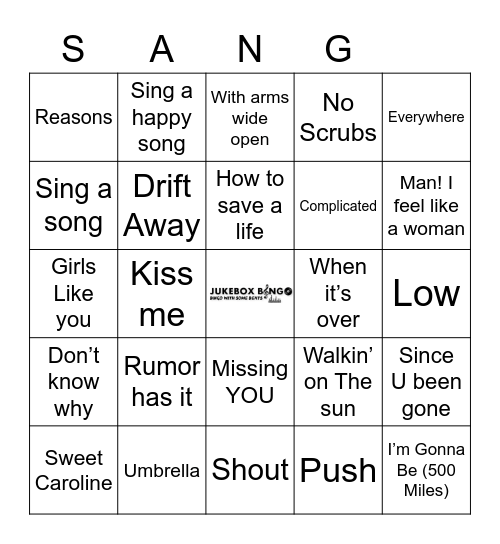 JukeBox Bingo  Sang Bingo Card