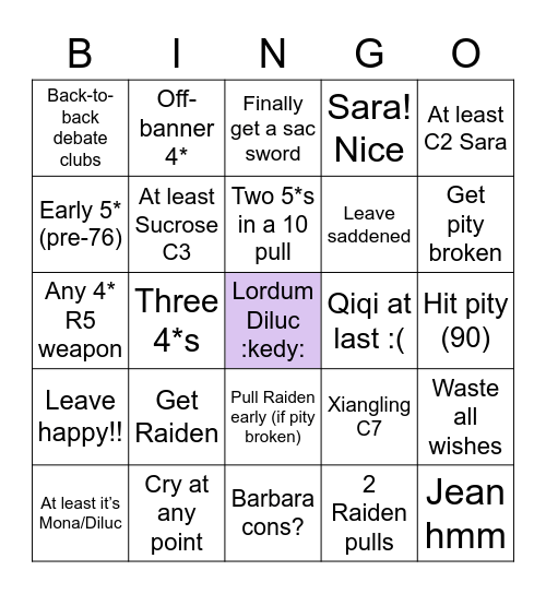 Raiden Bingo Card