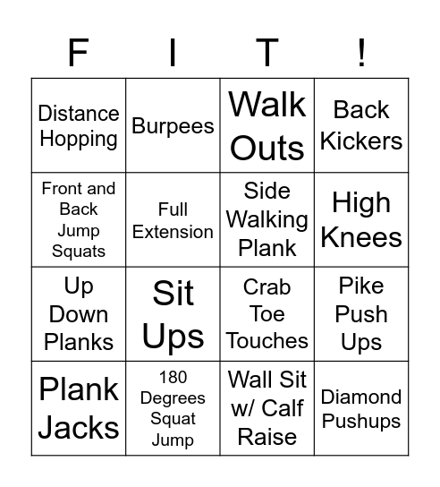 Fitness Bingo Card