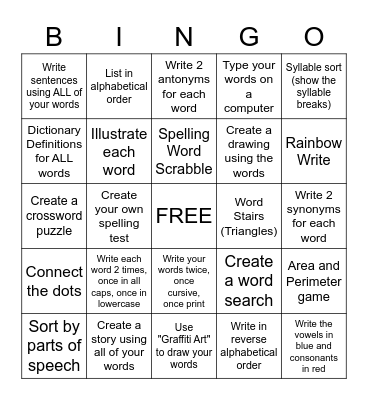 Spelling Bingo Card