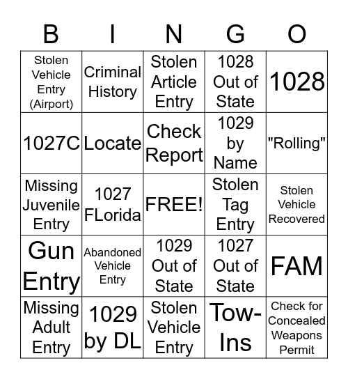 911 Teletype Bingo Card