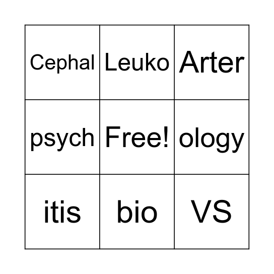 Medical Terminology Bingo Card