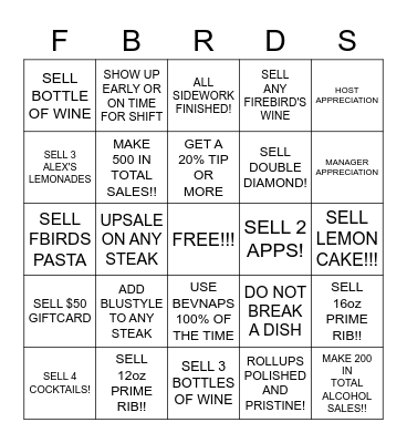 FIREBIRDS SERVER SELL CARD!! Bingo Card