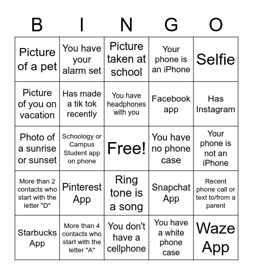 What's In Your Phone? Bingo Card