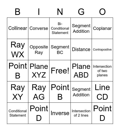 Geometry Bingo Card