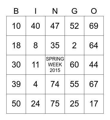 ELMS COLLEGE SPRING WEEK 2015! Bingo Card