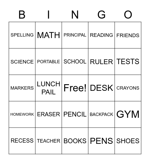 BACK TO SCHOOL Bingo Card