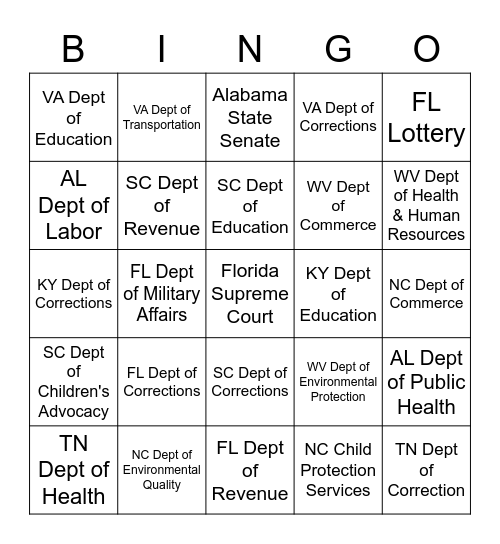 State Agency Bingo Card