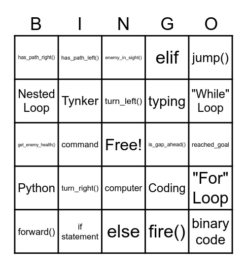 Python 101 Bingo Card
