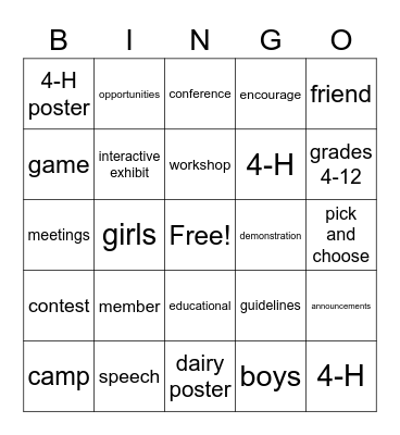 4-H Bingo Card