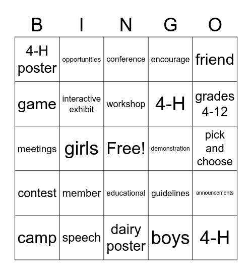 4-H Bingo Card