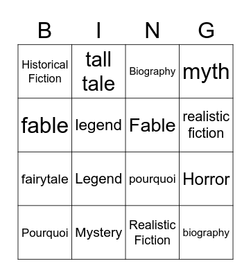 Genre Bingo Card