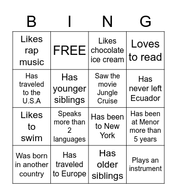 First Day of Class Bingo Card