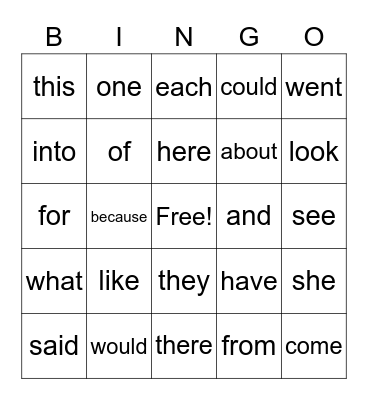 Sight Word Phonics Bingo Card