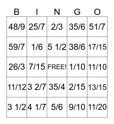 Add/Subtract Fractions   Improper/Mixed Numbers Bingo Card