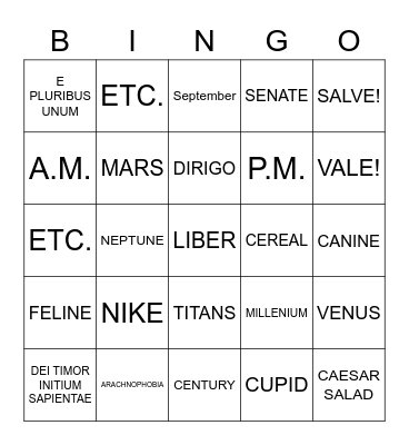 WELCOME TO LATIN! Bingo Card