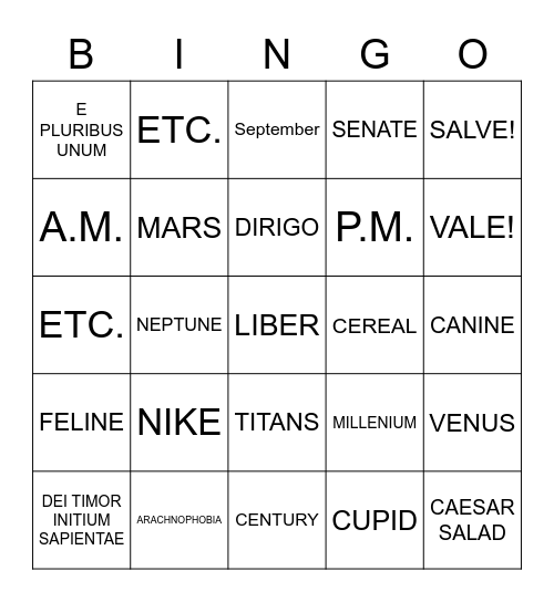 WELCOME TO LATIN! Bingo Card