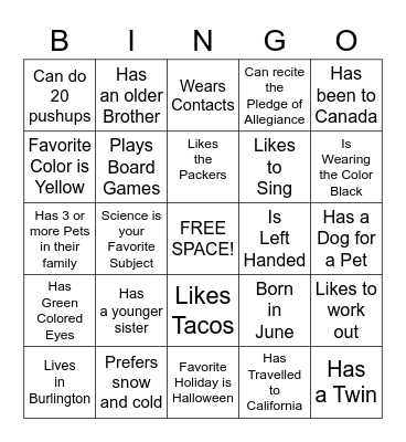 "Get to Know Me" Bingo Card