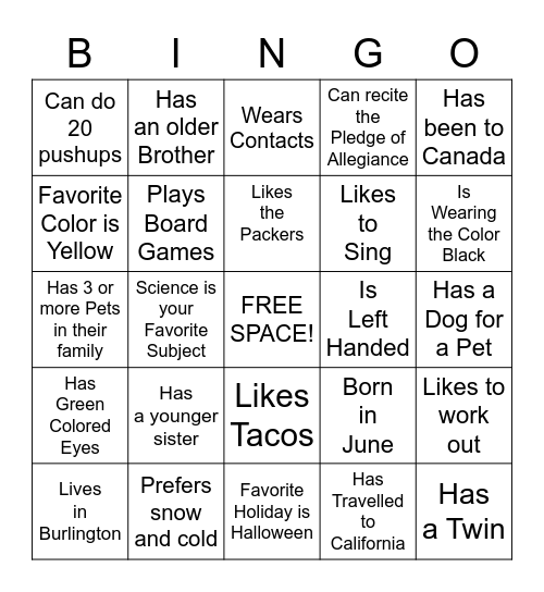 "Get to Know Me" Bingo Card