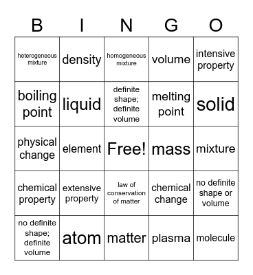 Unit 3.1: Physical and Chemical Properties of Matter Bingo Card