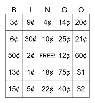 Money Amounts Bingo Card