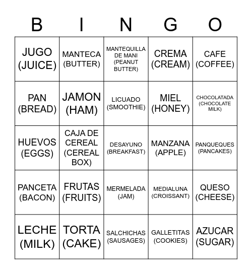 EL DESAYUNO Bingo Card