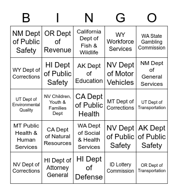 State Agency Bingo Card