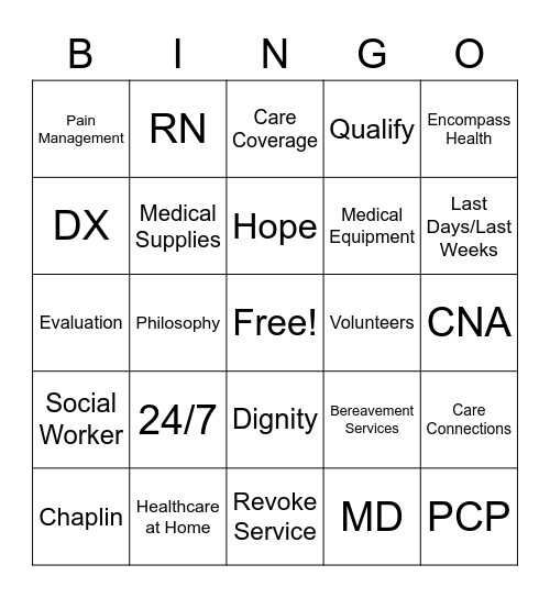 Comfort and Dignity at Home: Encompass Bingo Card