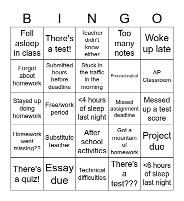 High School Pain Bingo Card