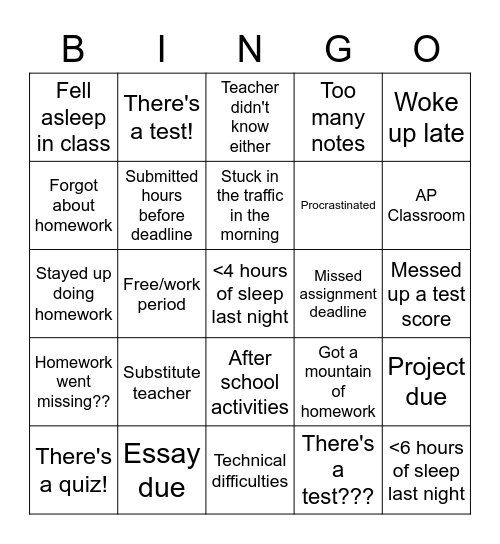 High School Pain Bingo Card