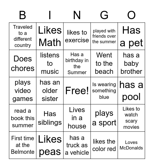 First Day of School Bingo Card